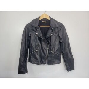 T Tahari Womens Faux Leather Moto Jacket Black Zipper Pockets Snap Collar XS